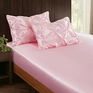 P Pothuiny 3-Piece Set Pintuck Satin Pillowcases & Queen Fitted Sheet