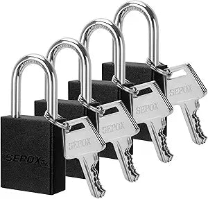 SEPOX 4 Pcs Ultra-Durable Anti-Rust Outdoor Padlocks - Black Aluminum, 38mm (1-1/2") with Long Shackle & 6 Same Keys, Ideal for Gate, Storage, Locker, Fence & Lock-Out, High Security