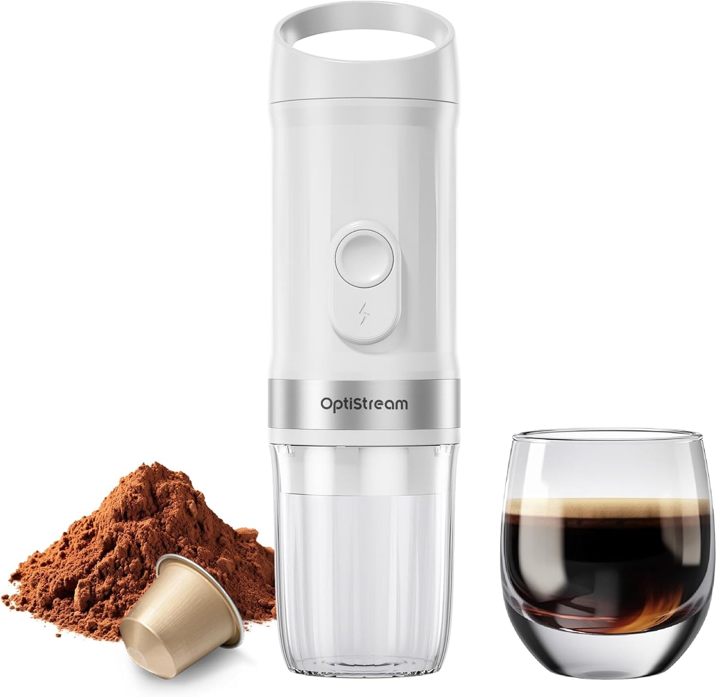 Optistream Portable Electric Espresso Machine, Travel Coffee Maker for Camping, Car Coffee Maker Self-Heating with USB-C, With Ground Coffee & NS Capsule for RV, Hiking, Office (White)