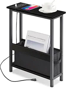 BAMGROW Slim Charging End Table with Storage - for Small Spaces and Bedroom (Black)