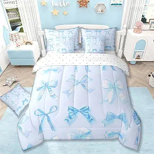 jejeloiu Blue Bow Bow 7 Pieces Bedding Set Twin Size Girls Teens Kids