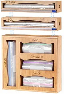 6 in 1 Storage Bag Organizer Kitchen Drawer, Bamboo Foil and Plastic Wrap Dispenser with Slider Cutter, Kitchen Bag Organizer for Quart, Gallon, Sandwich and Snack Bags