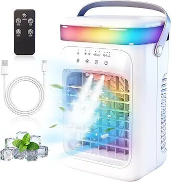 2026 New 4-in-1 Portable Air Conditioner, Sound Γ30dB Mini AC Unit, 12H Runtime, 1000ML Evaporative Air Cooler, 3 Speed & 2 Mist, Remote, USB, Timer, 7-Color LED for Bedroom Office Car - 1 PCS