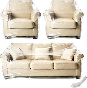 3 Pcs Clear Plastic Furniture Cover, Heavy Duty Couch and Recliner Chair Cover Protector for Waterproof & Pet Hair-Resistant, Dust-Proof Furniture Covers for Moving & Storage