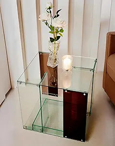 Acrylic End Table 2-Tier: Square Accent Desk Small Nightstand Set Clear Green Brown