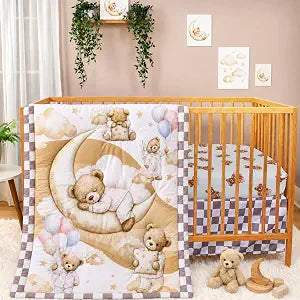 Baby Crib Bedding Set Bear Checked Neutral Nursery Comforter Bed Sets