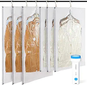 Hanging Vacuum Storage Bags with Electric Pump 6 Pack (3 Long, 3 Short) Hanging Vacuum Seal Bags for Clothing, Closet Organizer Space Saver for Suits, Jackets & Coats