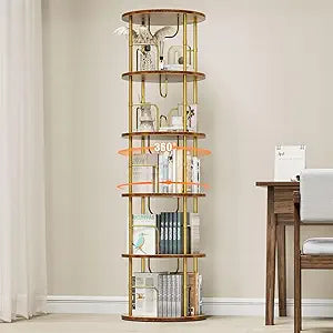 ALLSTAND 5 Tier Rotating Bookshelf, 360 Display Stackable Spinning Bookshelf Tower, Narrow Space Saving Tall Floor Standing Swivel Bookcase Corner Storage Organizer for Bedroom, Living Room, Gold