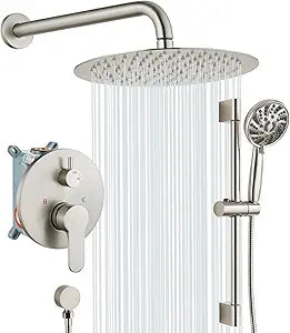 gotonovo Slide Bar Shower System Round High Pressure Showerhead and 6-Spray Handheld Combo Shower Faucets Sets Complete Wall Mount Shower Valve and Trim Kit, 12 Inch, Brushed Nickel