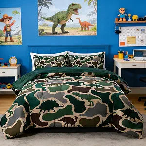 Holawakaka Boys Dinosaur Camouflage Comforter Set with Sheets, Twin Size Army Green Camo Bedding Sets for Kids Teens Dino Bed-in-a-Bag 5 Pieces for Dorm Bedroom Cabin Lodge