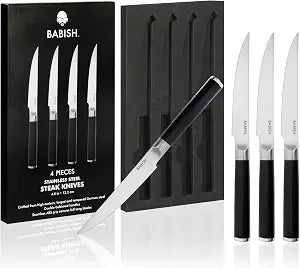 Babish 4-Piece Forged Kitchen Steak Knife Set High-Carbon 1.4116 German Steel Cutlery Sharp & Durable Steak Knives for Dining and Grilling, Black ABS