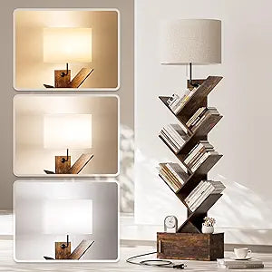 Tree Bookshelf with Light, 6 Tier Narrow Bookcase with Storage Cabinet, Tall Corner Book Shelf for Small Spaces, Vertical Floor Standing Organizer for Bedroom Living Room Home Office, Rustic Brown