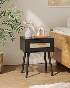 Aienvey Bedroom Nightstands Wooden Night Stands with Rattan Weaving Drawer Home Bedside End Table for Bedroom Storage (Bohemian-Black)