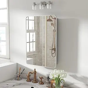 Silver Medicine Cabinet with Mirror, 20x28 Fully Assembled Recessed or Surface Mount Bathroom Medicine Cabinet, Metal Mirrored Cabinet with Adjustable Storage Shelves
