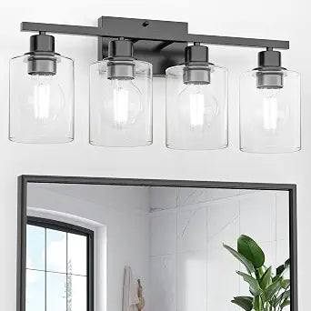 Bathroom Lights Over Mirror, 4-Light Black Vanity Light for Bathroom, 24Inches Anti-Rust Modern Wall Sconce, Standard E26 Base, Clear Glass Shades, Bulbs Not Included
