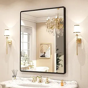pertetey New Upgrade Bathroom Mirror, 24X36 Inch Black Metal Frame Wall Mounted Rounded Rectangle Bathroom Vanity Mirror with Tempered Glass for Washroom Bedroom Living Room