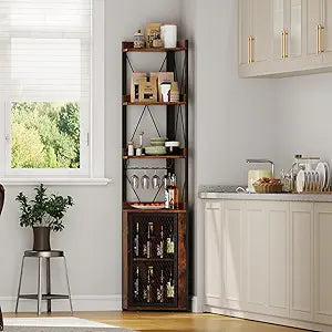 Space-Saving Industrial Corner Bar Cabinet, 4-Tier Freestanding Wine Rack with Glass Holder, Adjustable Shelves, Anti-Tip Kit, Rustic Liquor Storage Sideboard & Display for Home Bar, Dining Room