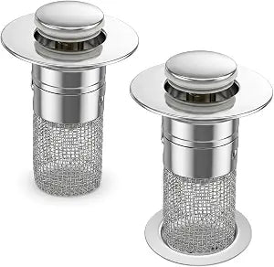 2 Pcs Bathroom Sink Drain Strainer Universal Drains Plug Filter Replacement Pop Up Sink Drain Filter with Stainless Steel Filters Basket Hair Catcher for Bathrooms Stopper Replacement
