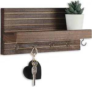 Lwenki Decorative Key Holder for Wall with Shelf, Entryway Shelf with Hooks Holds Leashes, Jackets and Glasses Sturdy Wood Keyholder Entrance Hanger with Mounting Hardware (Brown, Medium)