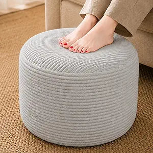 Round Stuffed Pouf Ottoman, Foot Stool Ottoman,Corduroy Poufs with Foam Chunk Filling, Furry and Fluffy Storage Ottomans, 20 X 15 Floor Poufs Foot Rest for Living Room