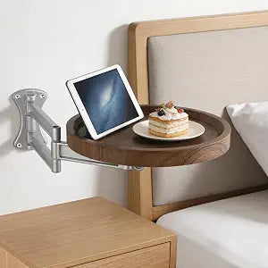 Wall Mounted Bedside Shelf, 11 in Round Floating Table for Wall, Foldable Side Tray with Swing Arm Bracket, Space Saving Nightstand Desk for Bedroom, Sofa, Small Study Corner