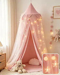 Bed Canopy with Star Lights, Double-Layer Princess Canopy for Girls Room Decor and Reading Nook,Easy Hanging for Twin and Full Beds