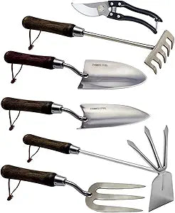 Garden Tool Set, 6PCS Heavy Duty Stainless Steel Gardening Hand Tools with Ropes, Includes Hand Cultivator Shovel Trowel Transplanter 2-in-1 Hoe Pruner, Ideal Gardening Gifts for Women Men (Classic)