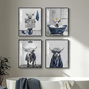 Framed Highland Cow Funny Bathroom Wall Art, 4 Piece Fun Animal Navy Blue Art Prints, Cute Cow Sitting on Toilet or in Bathtub or Reading Pictures Wall Decor for Toilet, Restroom, Washroom, Bathroom