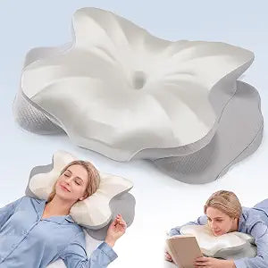 Sweetcrispy Cervical Neck Pillow for Neck and Shoulder, Ergonomic Memory Foam Pillow with Washable Case, Contour Neck Support Pillow for Side Back Stomach Sleepers, White & Light Gray