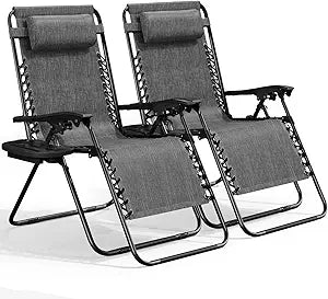 Nestl Zero Gravity Chairs Set of 2, Patio Lounge Chair Outdoor with Pillows & Cup Holder Trays, Adjustable Steel Mesh Reclining Camping Chair, Folding Patio Lawn Chair for Deck, Beach, Yard - Grey