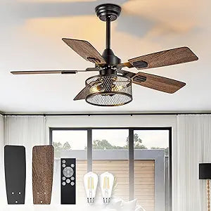 Farmhouse Fandelier Ceiling Fans: 42 Inch Outdoor Rustic Caged Ceiling Fan with Lights DIY Dual Finish Black & Walnut - Industrial Reversible Fan for Dining Room Porch Included Bulbs