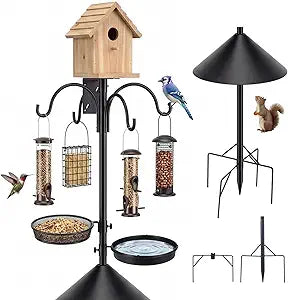 Bird Feeder Pole 4-in-1 with Squirrel Baffle, 92 Inch Metal Bird Feeders for Outdoors, Bath, Food Tray, 4 Hooks and Holds Cage