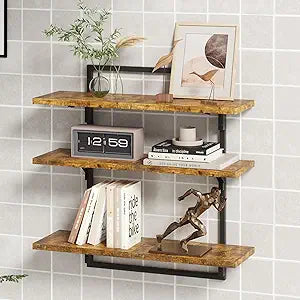Floating Shelves for Wall, 24 inch Kitchen Shelves Wall Mounted, 3 Tier Coffee Bar Shelf with Foldable Brackets, Industrial Display Shelf for Bathroom, Living Room, Coffee Bar,Rustic Brown