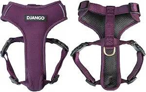 DJANGO Adventure Dog Harness - Stylish, and Durable Small Dog Harness for Outdoor Adventures and Everyday Wear - Plum Purple Neoprene Adjustable Harness for Dogs with Reflective Piping, Brass D-Ring