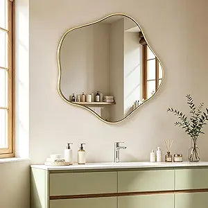 Irregular Round Mirror, 28" Scalloped Mirror with Gold Metal Frame, Modern Asymmetrical Wall Mirrors Decorative, Wavy Shaped Mirrors for Living Room Bathroom Bedroom Hallway Entryway