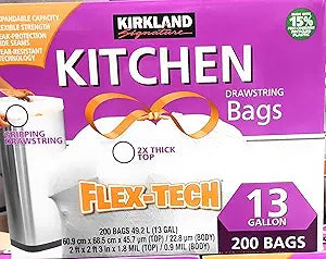 Worldwide Nutrition Bundle Compatible with Kirkland Signature Flex-Tech 13 Gallon Kitchen Garbage Bags with Drawstring Closure - 200 Count Pack of Tall Trash Bags for Kitchen with Keychain