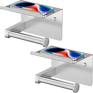 FORIOUS Toilet Paper Holder with Shelf, Adhesive or Screw Wall Mount Toilet Roll Holder for Bathroom, Rustproof 304 Stainless Steel Commercial Toilet Tissue Holder, 2 Pack Brushed Nickel
