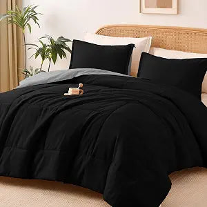 Shatex Reversible Comforter Set Queen Size 3 Pieces, Ultra Soft All Season Comforter 90x90 Inch with 2 Pillowcase 20x26 Inch, Black/Light Gray