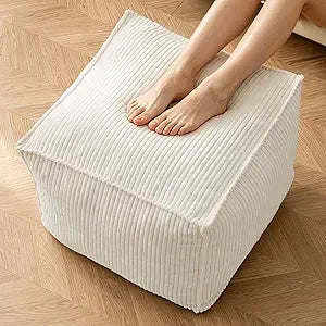 Pouf Ottoman Square Stuffed for Foot Rest, Storage Ottoman Pouf Foot Stool Cushion, Corduroy Poufs with Foam Chunk Filling, 20 X 15 Inch Floor Chair for Living Room Bedroom Home Decor, Beige