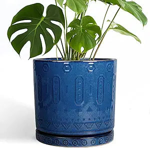 Eightpot 10 Inch Plant Pot - Ceramic Planter Outdoor Plant Pot Indoor with Drainage Holes and Saucer Large Flower Pot Round Decorative Planter for Garden Patio Decor Blue