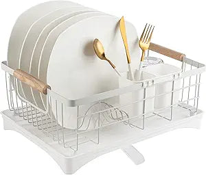 Dish Drainer Rack - Plate, Cutlery, Pots, and Pans Drying Rack for Kitchen with Beechwood Handles - Modern Retro Design Drip Tray with Metal Rack - White