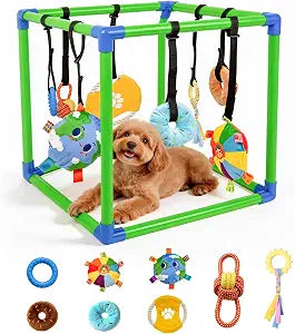 Puppy Play Gym with 8 Hanging Toys for Small Dogs,19.5"12-Pole PVC Indoor Jungle Gym with Dual Suspension Hook and Loop Straps, Interactive Enrichment Activity Center for Teething & Mental Stimulation