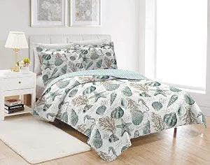 3 Pieces Beach Shell Bedspread Queen Size Ocean Theme Seashell Conch Summer Quilt Lightweight Thin Reversible Conch Shell Hippocampus Starfish Coral Printed Coverlet Set Coastal Bedding-Blue White