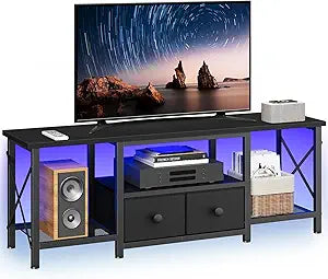 YATINEY Small TV Stand with LED Lights, Entertainment Center with 2 Fabric Drawers and Mesh Shelves, Media TV Console Table for TVs up to 50 Inches, for Living Room, Bedroom, Black DS11DBB