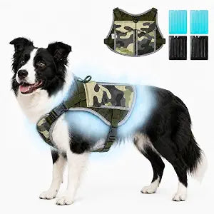 Dog Cooling Vest Harness UV Reflective Medium Green | 4 Replaceable Ice Packs Cooling Jacket for Summer Sun Protection, UV Adjustable Reflective Dog Clothes for Walking Outdoor