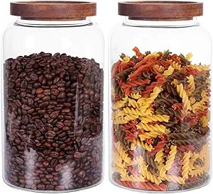 Large Glass Jar with Airtight Lid Set of 2 93 FL OZ(2750ml) glass canister set, Glass Food Containers Wooden Lid Suit for Kitchen Pantry for Flour, Tea, Coffee Beans, Sugar, Cookies(8.8 inch high)