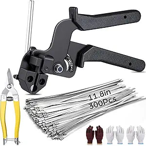 305 Pack Stainless Steel Cable Tie Gun Kit, 300 Pcs 11.8 Inch Metal Zip Ties, with Adjustable Fastening and Cutting Tools for Fence, Chain Link Fence, Pipe, Industrial Use