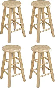 PJ Wood Classic Round-Seat 24" Tall Kitchen Counter Stools for Homes, Dining Spaces, and Bars with Backless Seats, 4 Square Legs, Natural (Set of 4)