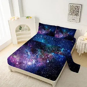 kxry Blue Purple Galaxy Fitted Sheet Sets Twin Size for Boys Kids Teens Outer Space Starry Sky Universe Bedding Set 1 Fitted Sheet + 1 Flat Sheet + 1 Pillow Case