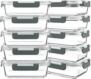 KOMUEE 10 Packs 30 oz Glass Meal Prep Containers,Glass Food Storage Containers with Lids,Airtight Lunch Bento Boxes,Microwave,Freezer and Dishwasher,Gray